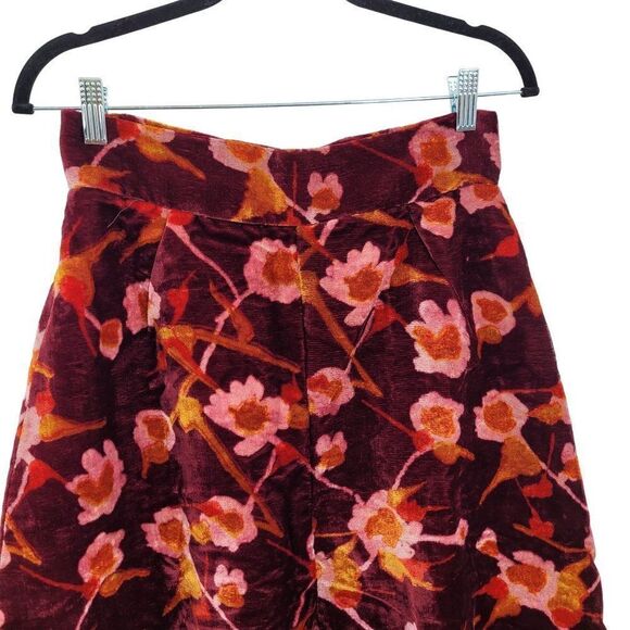 Vintage 70's Pants Bell Bottoms High Rise Wide Leg Flare Velvet Floral Wine S - Picture 8 of 11